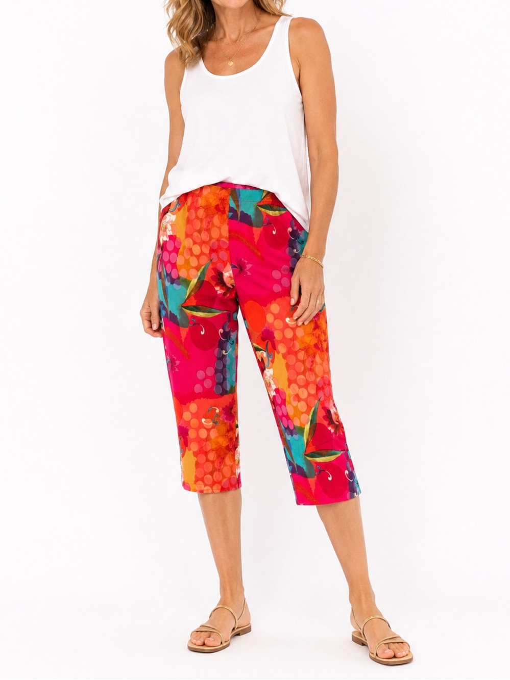 Junonia 1X Vibrant Floral Crop Pants Elastic Waist Cotton Spandex Art Print